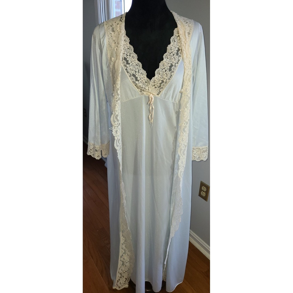 Vtg Light Blue Lace Trim Nightgown & House Coat Sz M Granny Core Cottage